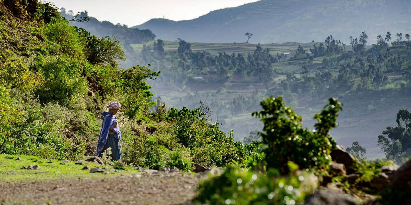 Eine landschaftliche Aufnahme vom Hochland in Äthiopien, in der Mitte des Bildes steht eine Frau in einem blauen Umhang, im Hintergrund sind bewaldete Berge zu sehen. 